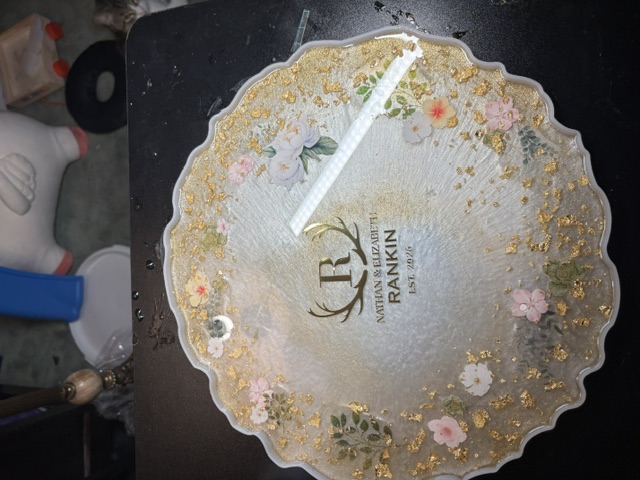 Cream wedding bowl during the resin finishing process